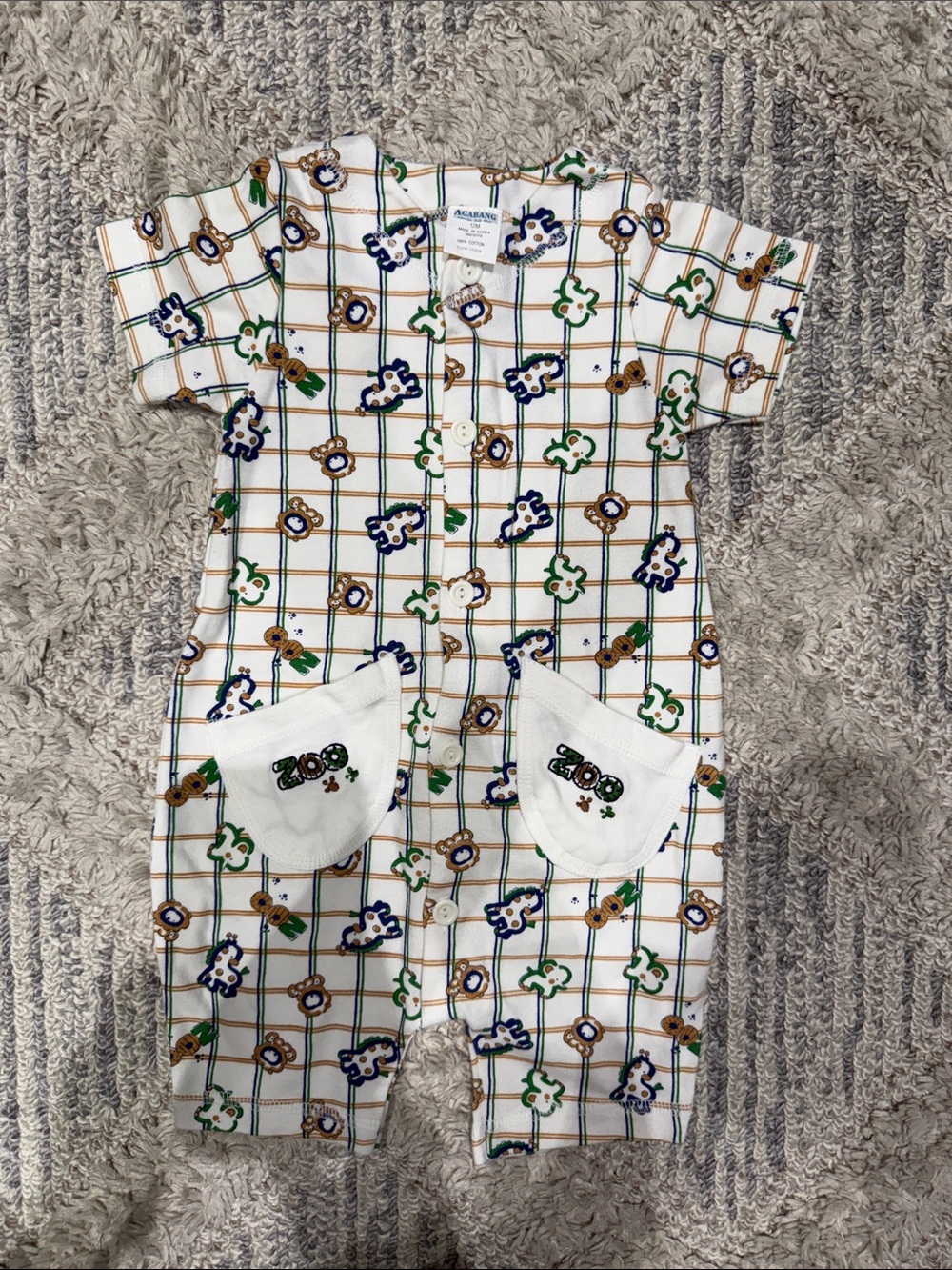 Zoo-Themed White Plaid Baby Romper with Green and Blue Accents